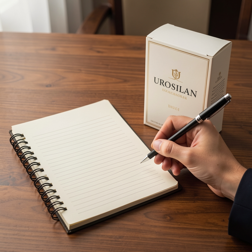 Dłoń zapisująca opinię o Urosilan w notesie obok eleganckiego opakowania