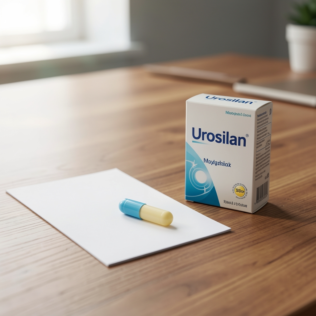 Notatka z godziną przyjęcia kapsułki leżąca obok opakowania Urosilan na biurku