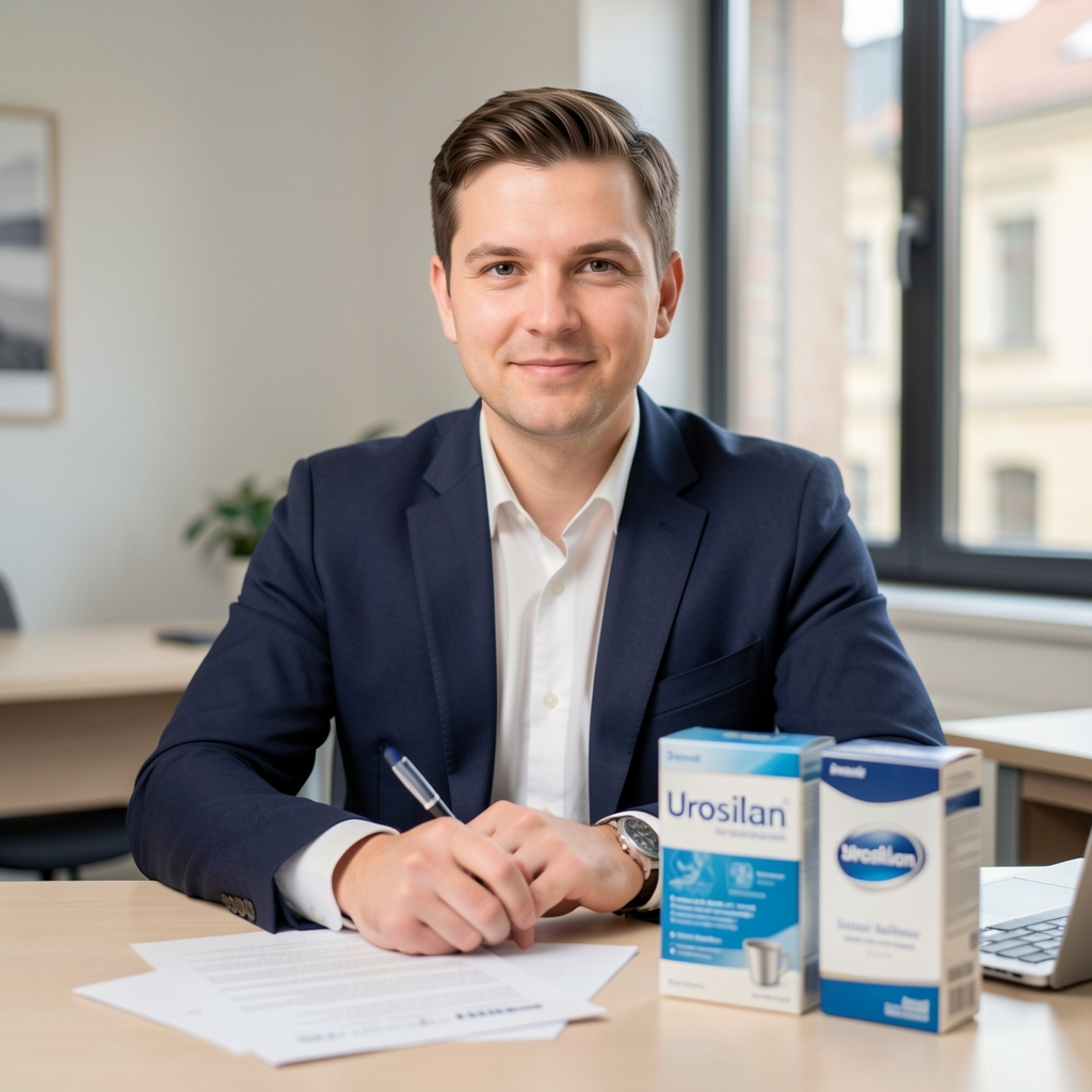 Zespół Stelvon przy jasnym stole w krakowskim biurze, dokumenty i opakowanie Urosilan